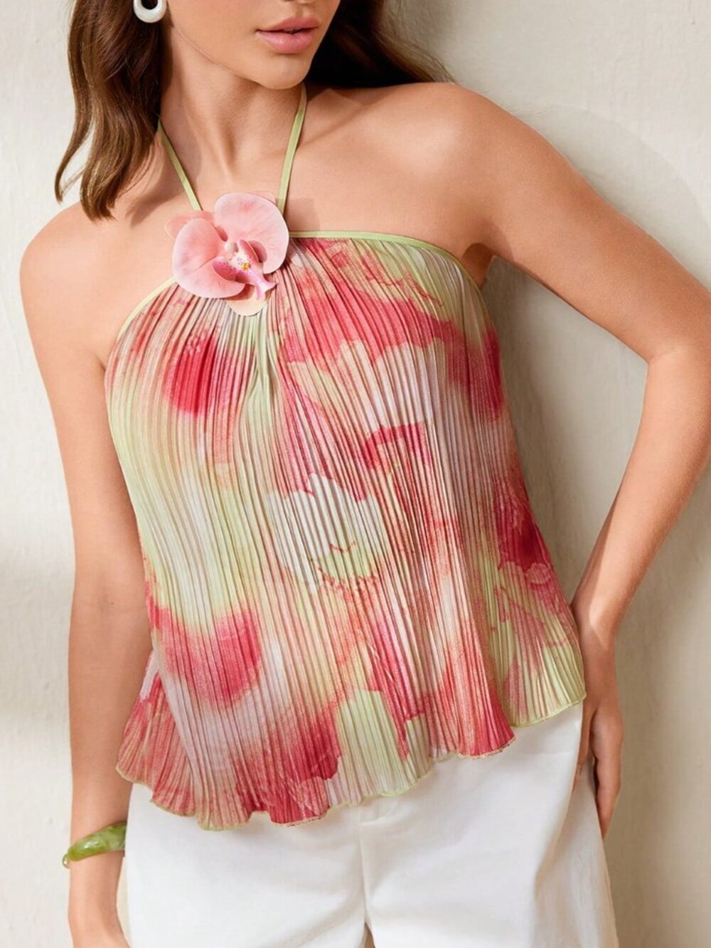 Multicolor Boho Women's Pleated Print Sleeveless Halter Neck Top